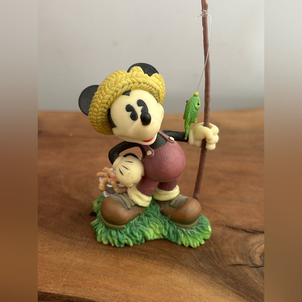 Disney Mickey Mouse Figurine with Straw Hat and Fishing Rod